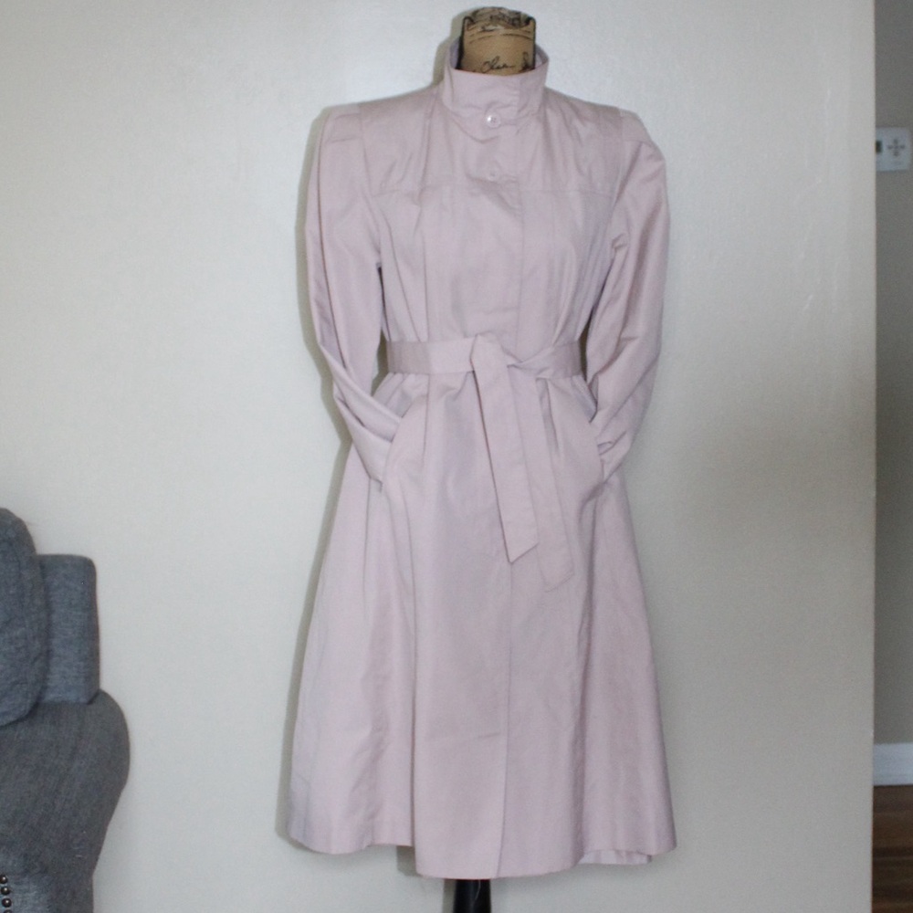 Vtg Portrait Dusty Pink Cotton Blend Button Up Tie Belt Trench Coat Women’s S